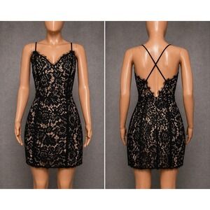 Lulus Black Lace Mini Dress Strappy Back Nude Lining Bodycon Size S No Tag Read
